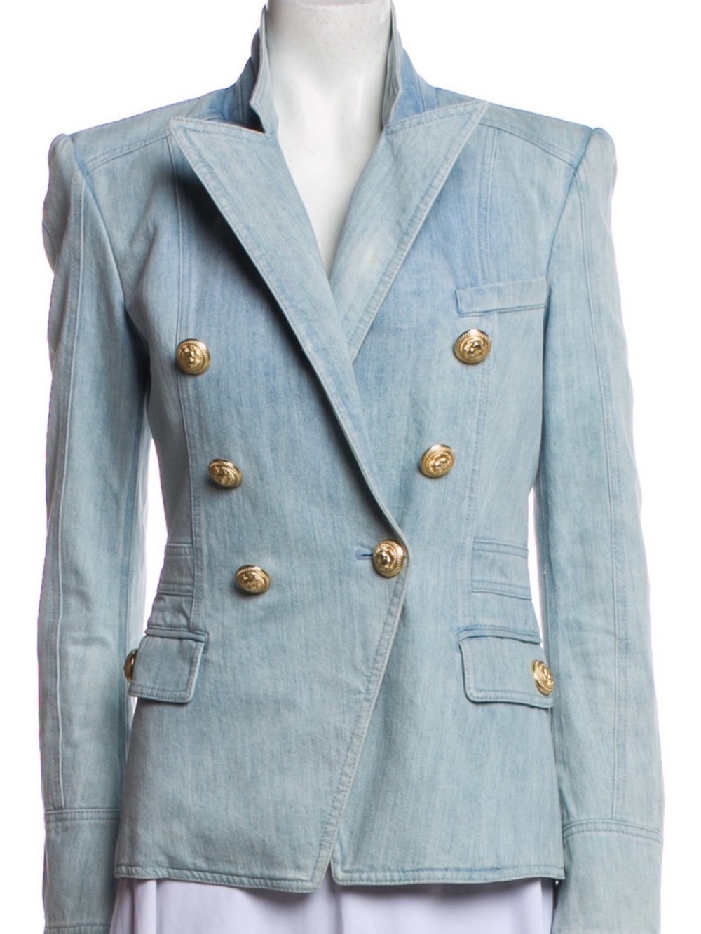 Balmain Paris Double-Breasted Denim Blazer Lion head Gold Buttons 40 (4 or6)